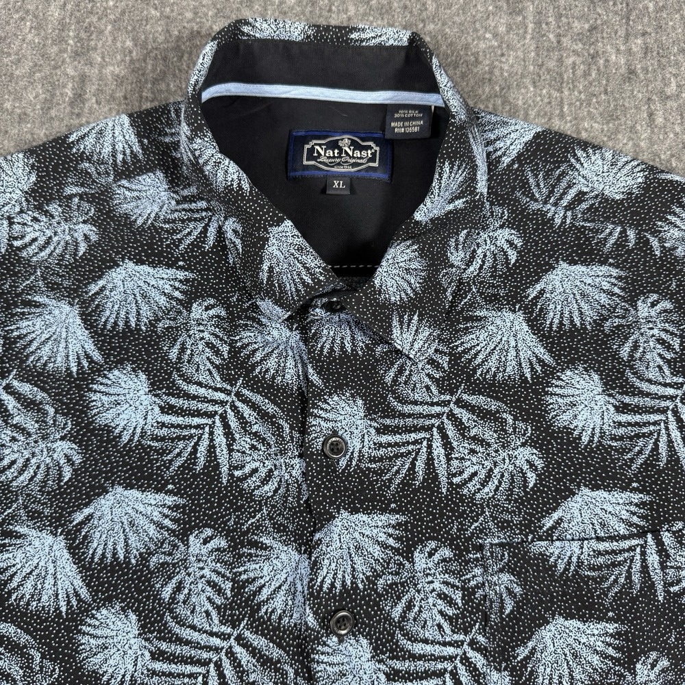 Nat Nast Mens XL Silk Cotton Shirt Black Blue Tropical Leaf Short Sleeve